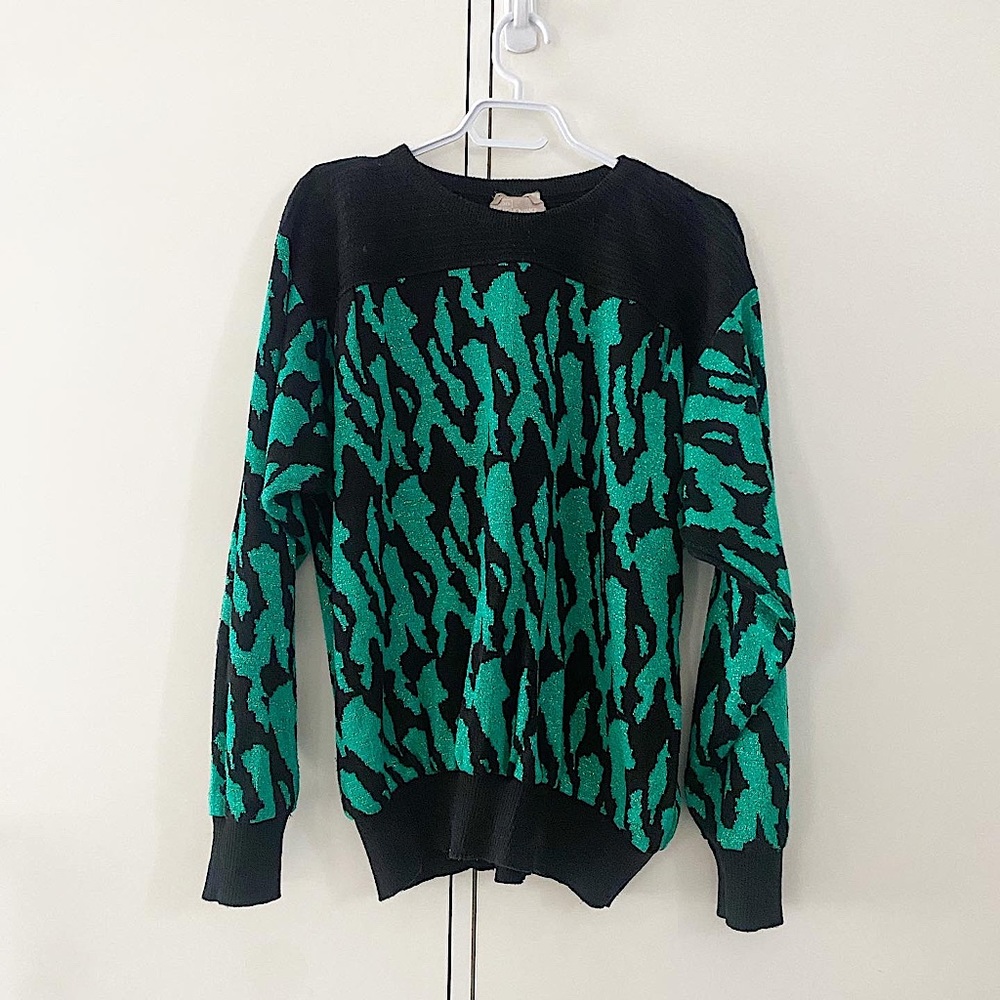 80s Sears teal and black animal print sweater